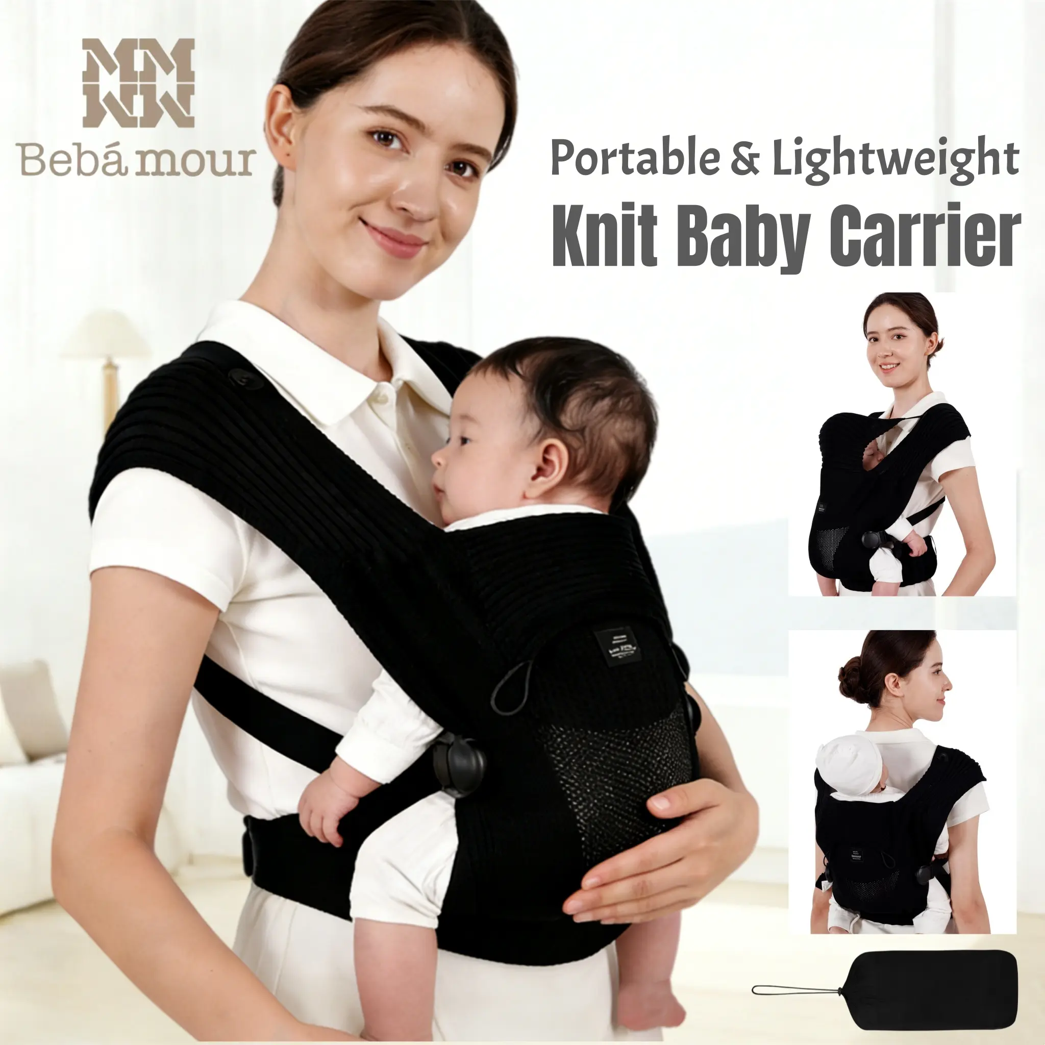 Bebamour Ergonomic Baby Toddler Carrier - Polyester Breathable Mesh Knit, Adjustable Cross-Braid Straps, Unisex All-Seasons Snug Cozy Wrap Sling, 0-14.9Kg Newborn-Ready, C/M Shape Design with Head Hood, Portable Lightweight Easy-Wear Mom Gift
