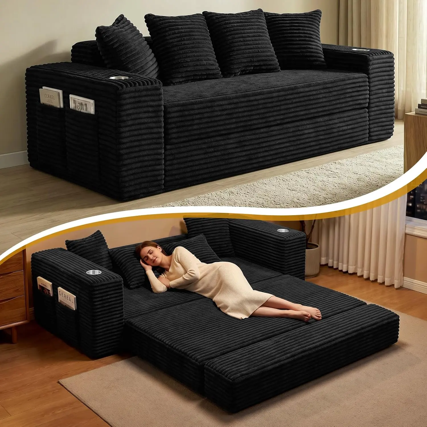 77" Extendable 2-Seat Compressed Boneless Corduroy Convertible Futon Sofa Bed, 2-in-1 Pull Out Couch for Living Room, Apartment Furniture with Pillows and Cup Holders, No Assembly Required, Black