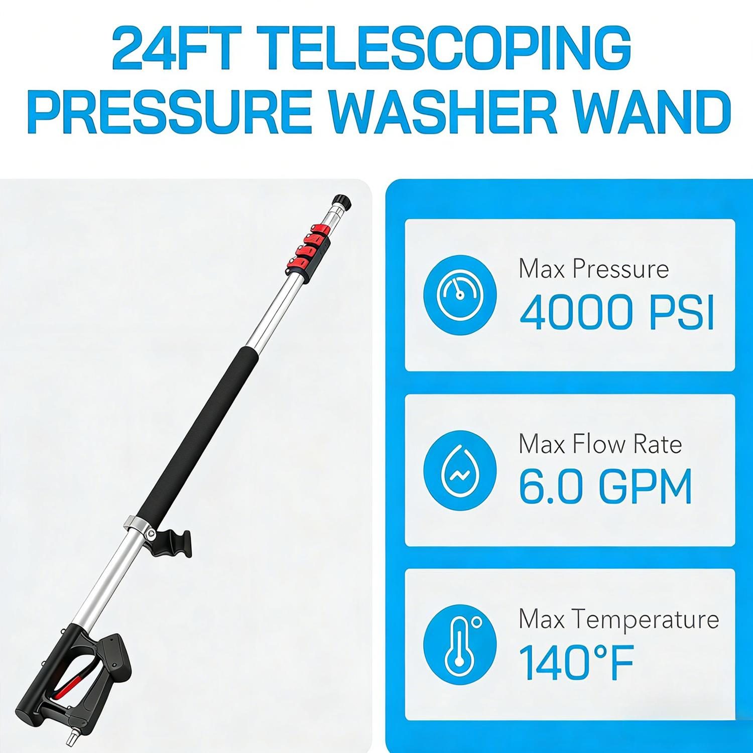 Hourleey 24 FT Telescoping Pressure Washer Wand, Power Washer Extension Wand with Brush Head, Gutter Cleaner, 3 Curve Wands, Adjustable Support Belt, Pivoting Coupler, 7 Spray Nozzles, 4000 PSI
