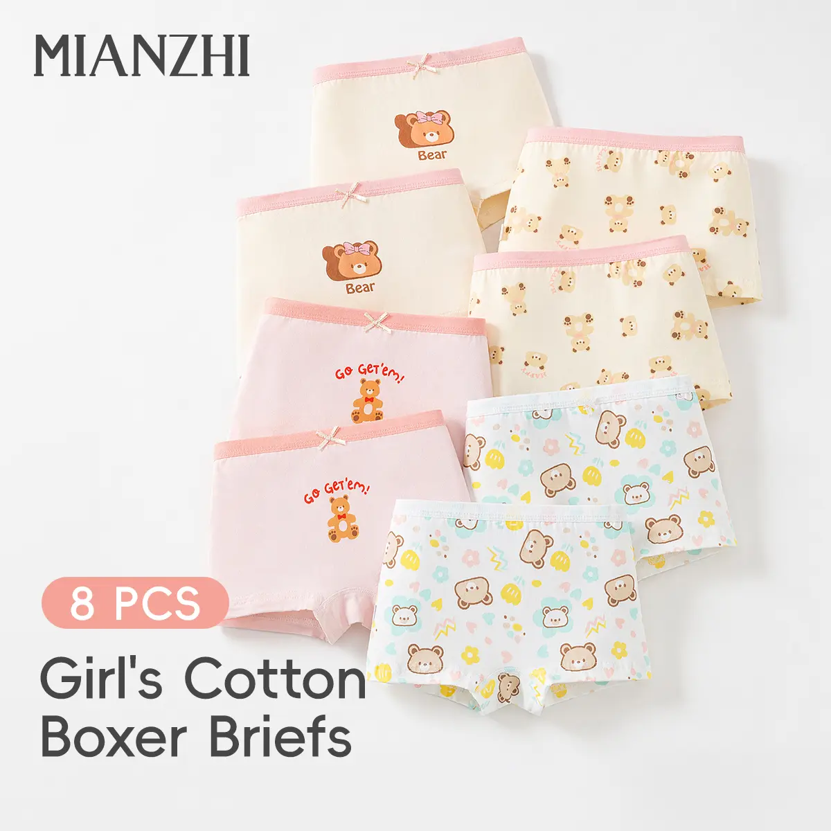 MIANZHI Girls' 8-Pack Cotton Boxer Briefs, Soft Breathable Plain Underwear with Soft Waistband for All-Season Daily Wear, Ages 2-10 Years, Cotton Underwear, All Seasons, 5 - 6 Years, Boxers