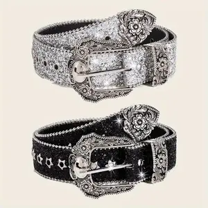 Women's Belts Minimalist PU Leather Casual Dress Belt Trendy Modern Waistband All-match & Exquisite Adjustable Waist Belt for Men Women Daily & Party Clothing Decoration Fashion Clothes Accessories Sparkly Sequin Studded Belt Western Cowgirl Cowboy Style