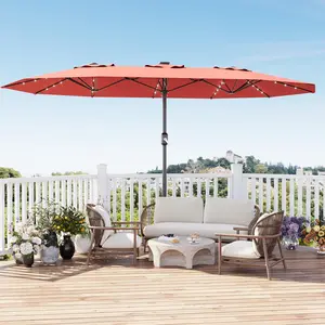 15FT Large Rectangular Patio Umbrella, 98% UV Block Waterproof Canopy, Fiberglass Ribs Rustproof Pole with Solar LED Light for Outdoor Garden