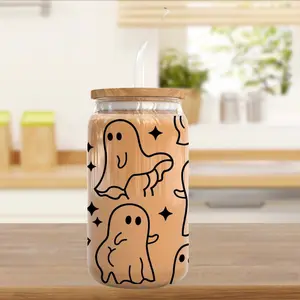Booooty Ghost 16 oz Glass Cup w/ bamboo lid and glass straw