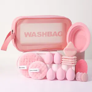 18PCS Portable Makeup Tools Kit, Waterproof Zipper Cosmetic Bag, Soft Makeup Sponges, Triangle & Mini Air Cushion Powder Puffs, Facial Cleansing Sponges and Makeup Brush Cleaning Tools, Daily Travel Beauty Accessories Set