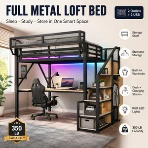 Super Full Loft Bed with Desk Metal Loft Bed with Stairs and Charging Station Full Size Heavy Duty High Bed Frame LED Light Built In Power Outlet for Kids Teens Black Bedroom Space Saving College Dorm Furniture