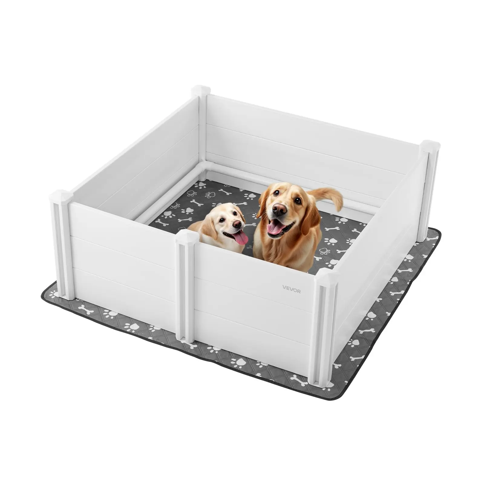 VEVOR Plastic PVC Dog Whelping Box (48x48x18.1 in, 43 lbs), Height-Adjustable Detachable Doors, 53.5x53.5 in Waterproof Machine-Washable Pee Pad, Anti-Deformation, Easy-to-Clean Full Care Design, Indoor Large Breed Puppy Playpen, Milk White