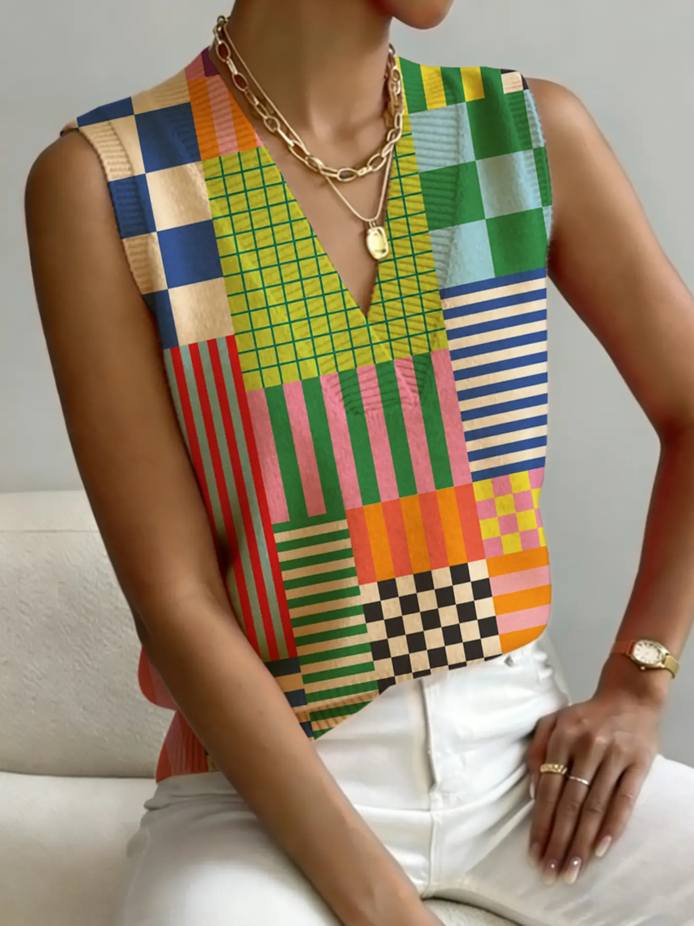 Women's Boho Geometric Patchwork Knit Sweater Vest, V Neck Sleeveless, Casual Breathable Colorblock Design, All Seasons Wear