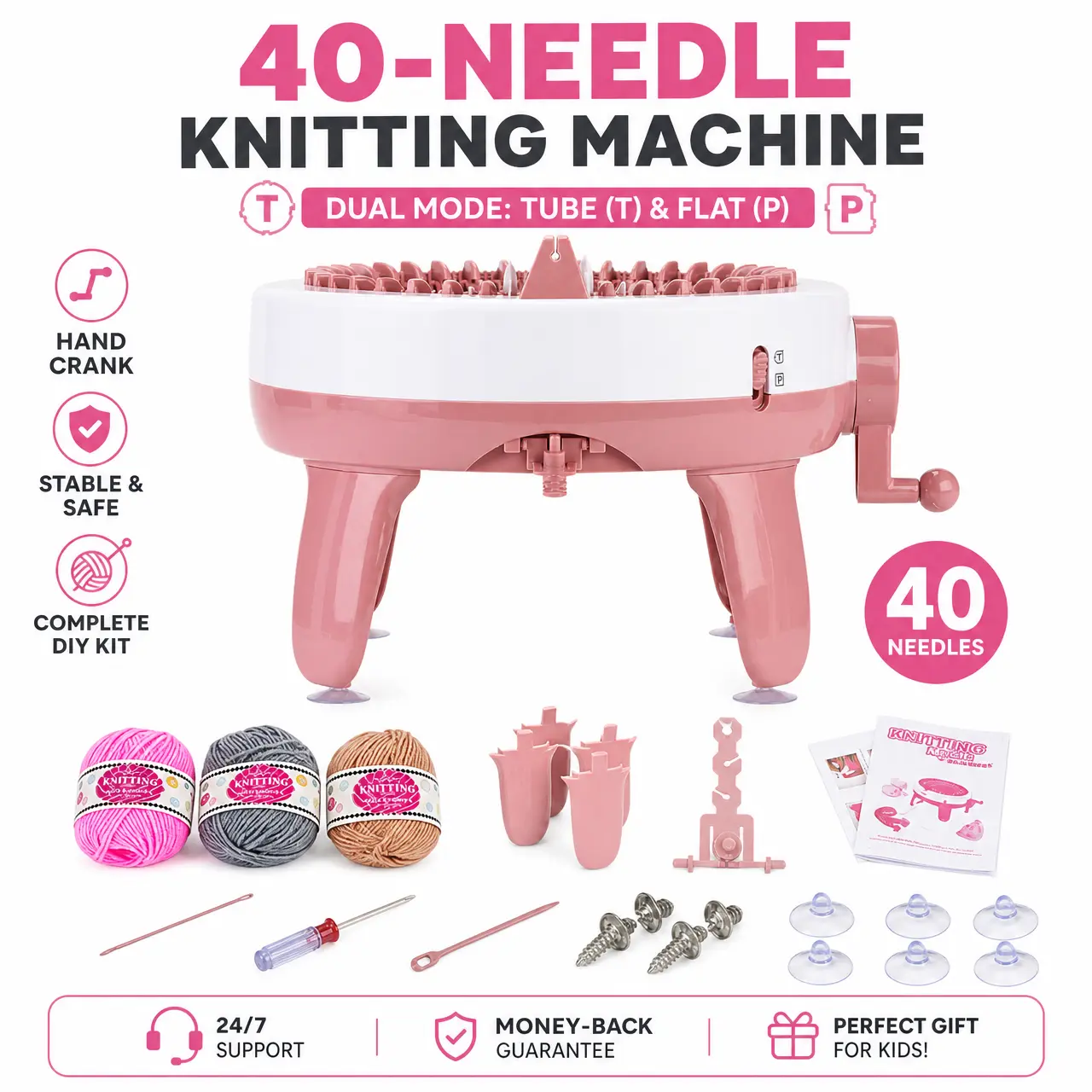 40-Needle Hand Crank Knitting Machine - Dual-Mode Weaving Loom with T/P Gears, Beginner-Friendly DIY Scarf & Hat Maker for Kids