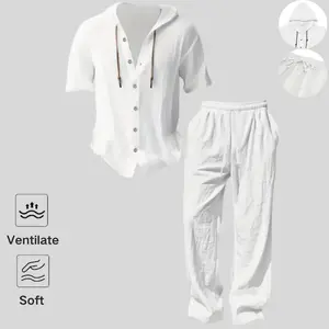 Men’s lightweight two-piece set with a hood, casual vacation style, loose and breathable thin fabric, hooded sweatshirt and wide-leg pants, for summer wear