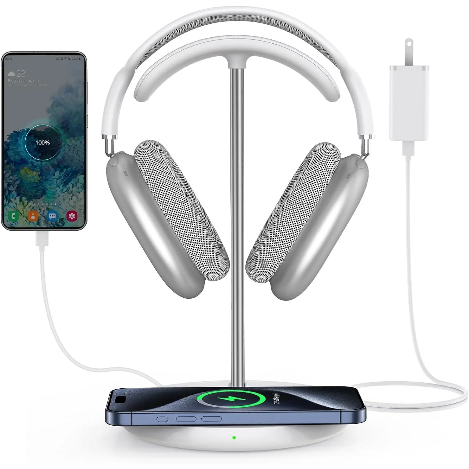 5-in-1 U-Shape Electronic White Headphone Stand with Wireless Charging, Independent USB Port, Charging Station for AirPods Max/Pro/4/3/2, iWatch, Smartphone, Samsung Devices & Desk Headphones, U-Shape Design