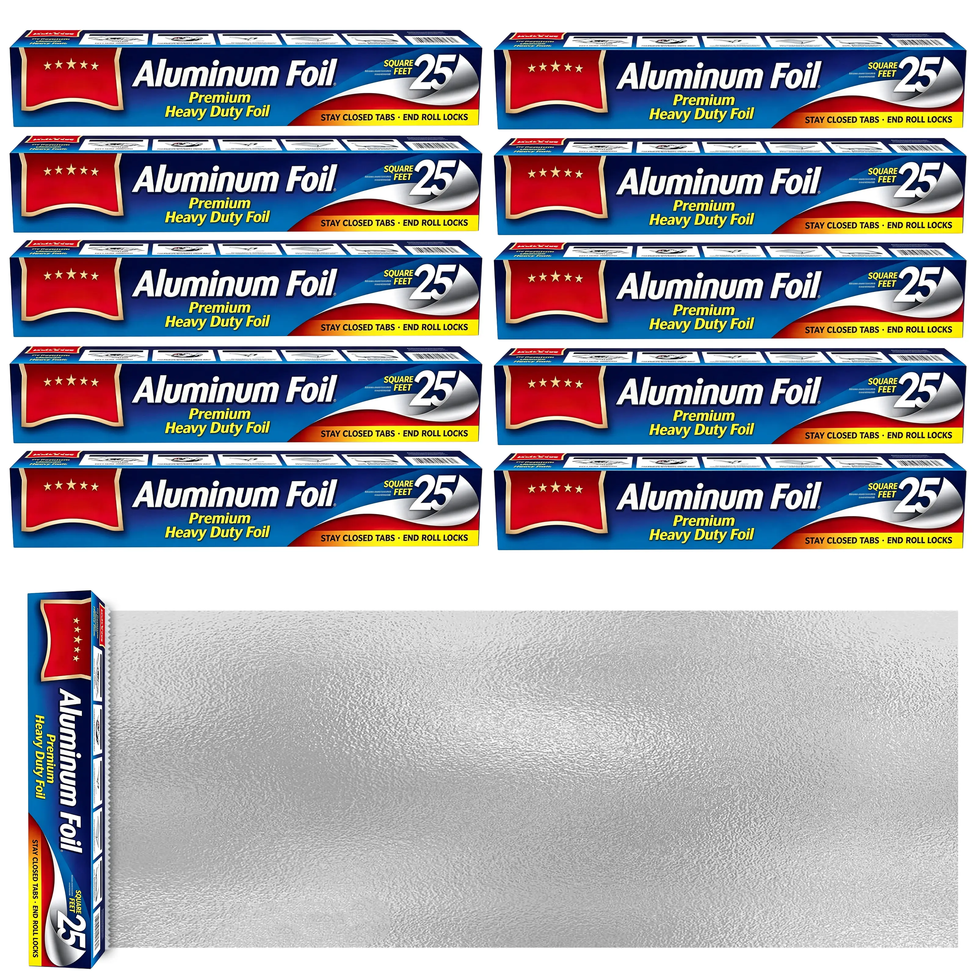10 Pcs Food Grade Heavy Duty Aluminum Foil Rolls, 25 Sq Ft Per Roll, Disposable Kitchen Cookware for Baking, Grilling, Food Storage