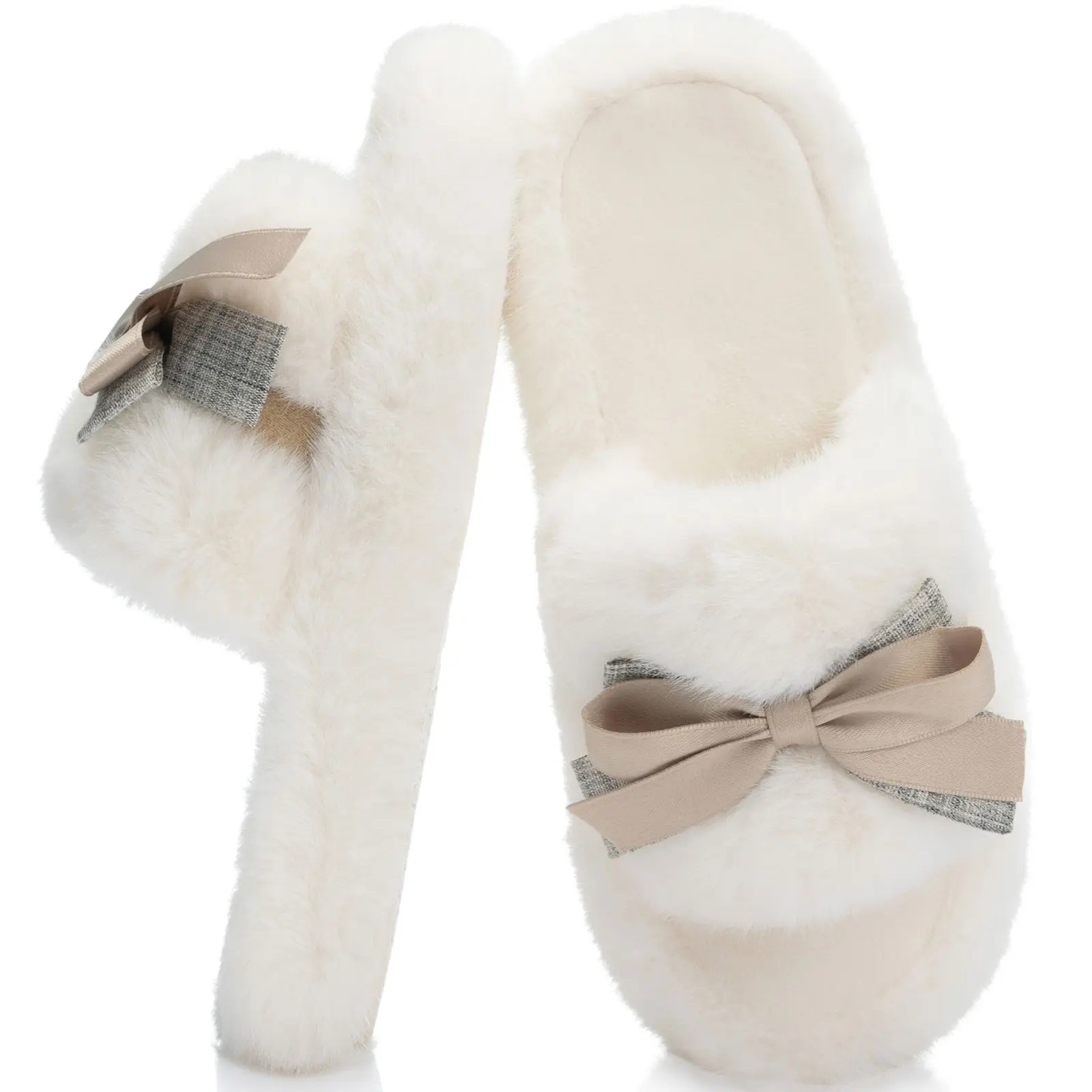Cute Bow Slippers for Women with Memory Foam Open Toe Fuzzy House Slippers indoor outdoor Anti-Skid Soft Birthday Gifts for Women Mom