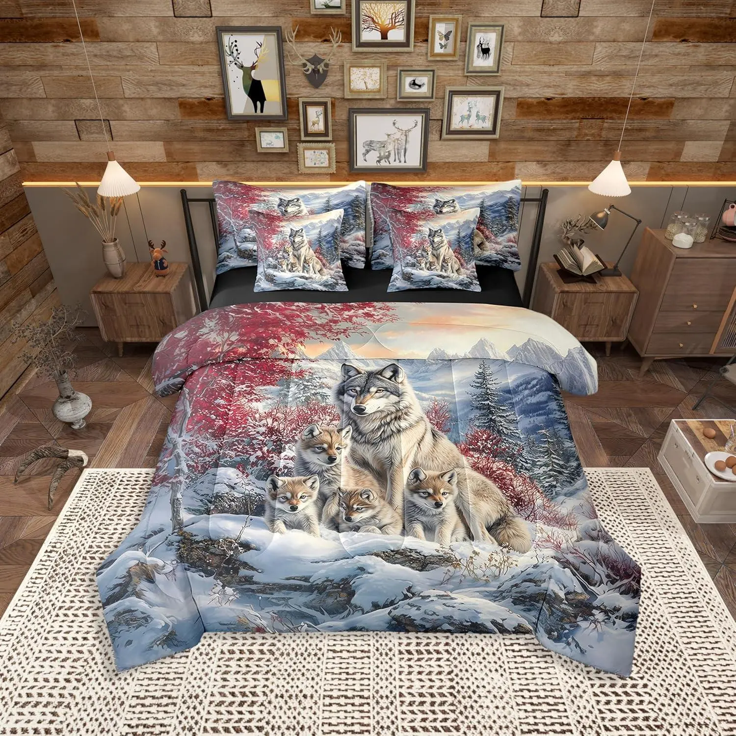 Wolf Family Comforter Set 7 Pieces,Animal Wolves Printed Bed Set for Boys Kids,(1 Comforter,2 Pillowcase,2 Pillow Covers,1 Flat Sheet,1 Fitted Sheet), Bed Comforter Set