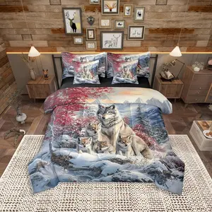 Wolf Family Comforter Set 7 Pieces,Animal Wolves Printed Bed Set for Boys Kids,(1 Comforter,2 Pillowcase,2 Pillow Covers,1 Flat Sheet,1 Fitted Sheet)