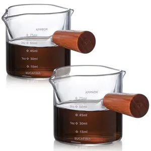 2 Pack Espresso Coffee Cups with Wood Handle, Double Spout Glass Measuring Cup with Dual Scale, Espresso Shot Glass with V-Shaped Mouth, Clear Glass Espresso Accessories (3.4OZ / 100ML) Utensils