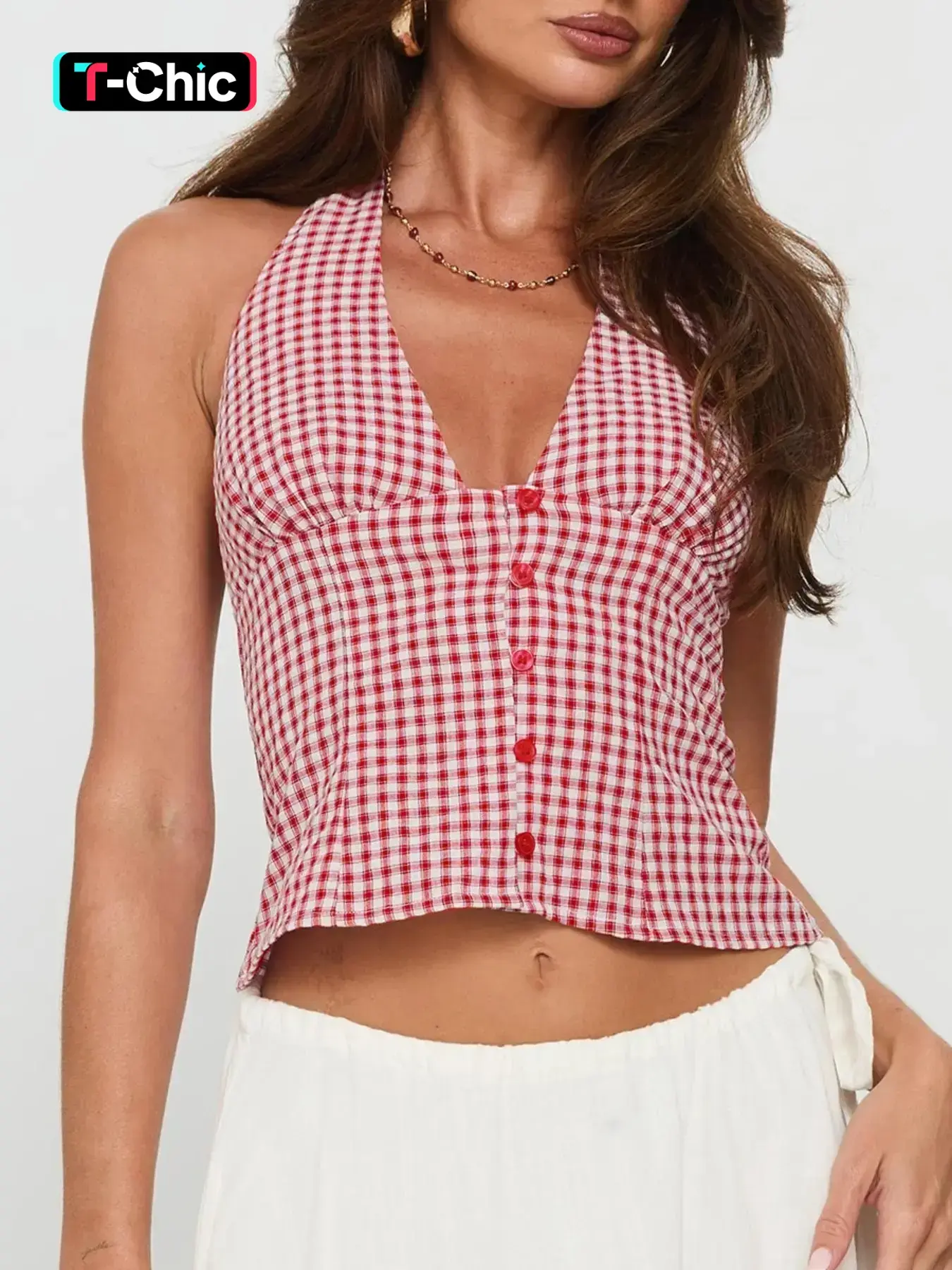 Plaid Deep V Backless Slim Fitted Crop Top Women Sexy Halter Sleeveless Shirt Cropped Cami Top Camisole Neck Halter Cropped Tops