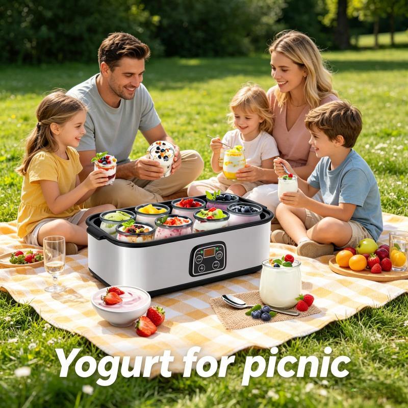 Fully automatic yogurt machine with adjustable temperature and 48 hour time control for fresh homemade yogurt desserts, 8 cans, LED display screen, multifunctional electric yogurt machine
