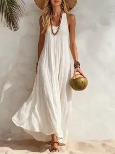 Women's Boho Textured Maxi Dress Sleeveless Summer Beach Vacation Outfit Crinkle Fabric Long Sun Dress Resort Wear