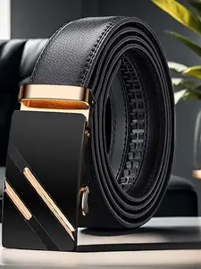 Men's High-End Automatic Ratchet Belt, Suitable for Business and Casual Wear, Plain Pattern, All Seasons, Automatic Buckle Belt