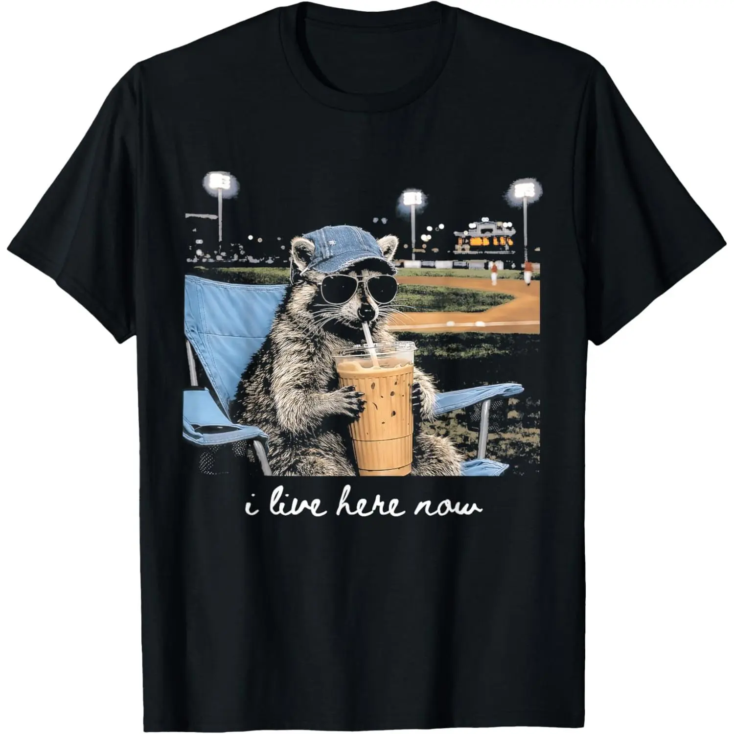 100%cotton Funny Raccoon Ballfield Baseball Field I Live Here Now T-Shirt