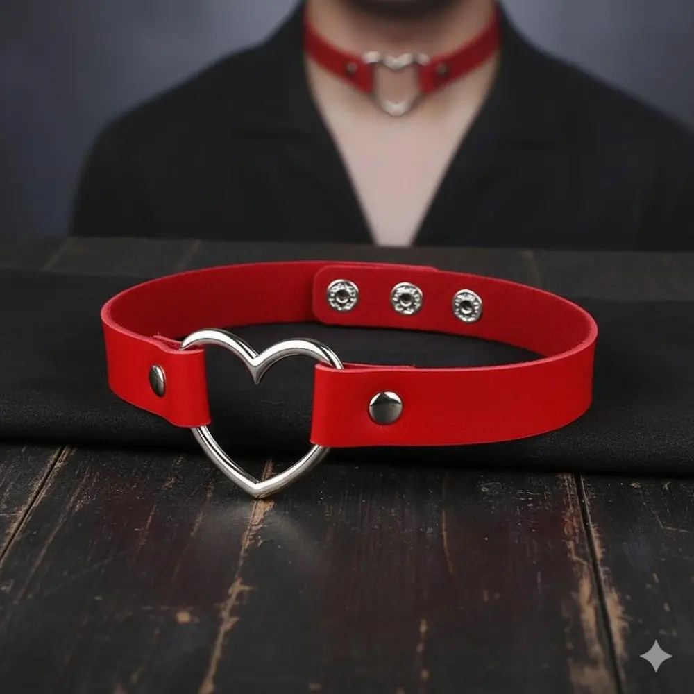 Heart Shaped Gothic Choker Necklace, Adjustable Punk Rock Style PU Leather Collar. Cute Daily Jewelry For Women, Portable Gothic Gift, Edgy Fashion Accessory.