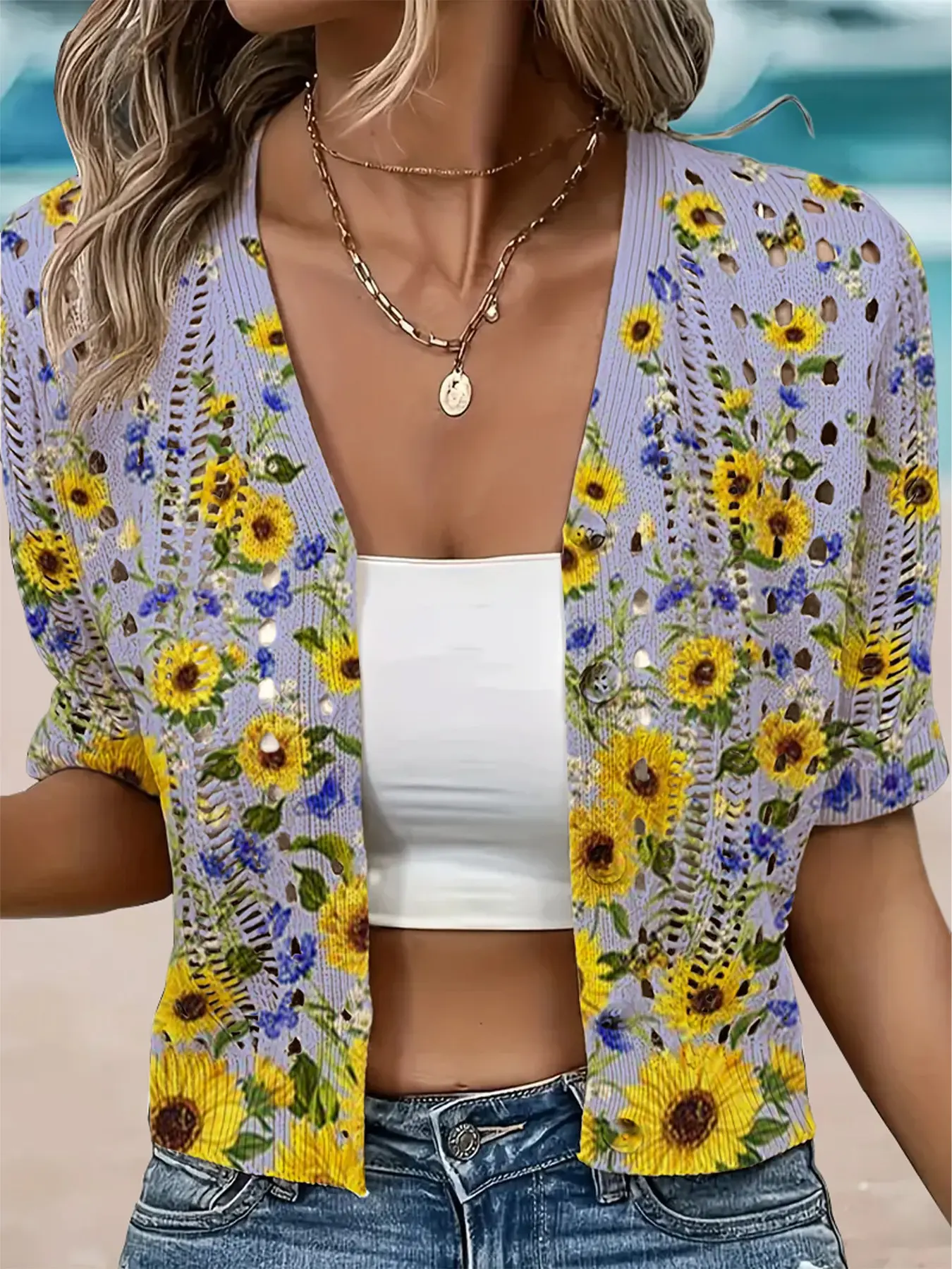 Sunflower Print Hollow Out Short Sleeve Knit Cardigan, Casual Loose-Fitting Knitted Top, Versatile Fashion Outer Vest