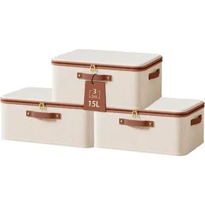 Tuza 3 Pcs Rigid Storage Bins with Zipper Lid, Cotton Linen Fabric Storage Boxes, Foldable Shelves Clothes Storage Cubes with Handles for Wardrobe, Closet(Beige, 15L)