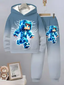Boys' Casual Set, Blue Electric Pixel Character Hoodie & Sweatpants, Home School Wear, Slim Fit, All over Print, Fall&winter