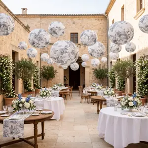 Set of 8 Hanging Paper Lanterns French Toile White with Black Floral Pattern, Decorative Lanterns - 6", 8", 10", 14"