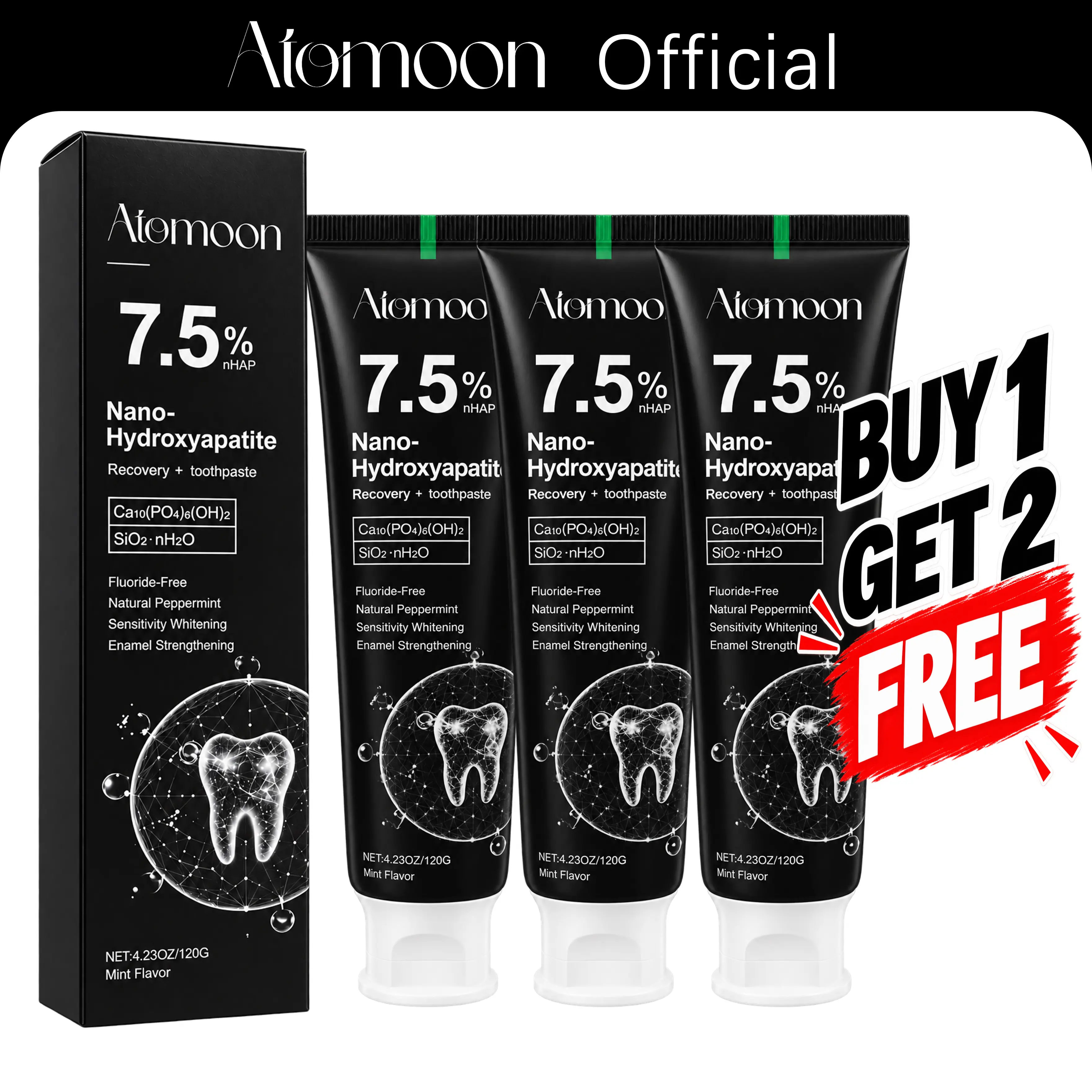 [BUY 1 GET 2 FREE] 7.5% nHAP Nano Hydroxyapatite Toothpaste, 4.23oz Oral Daily Care, Gentle Fluoride-Free Mint Fresh Toothpastes for Sensitive Teeth - Enamel-Strengthening, Natural Peppermint, Fresh Breath