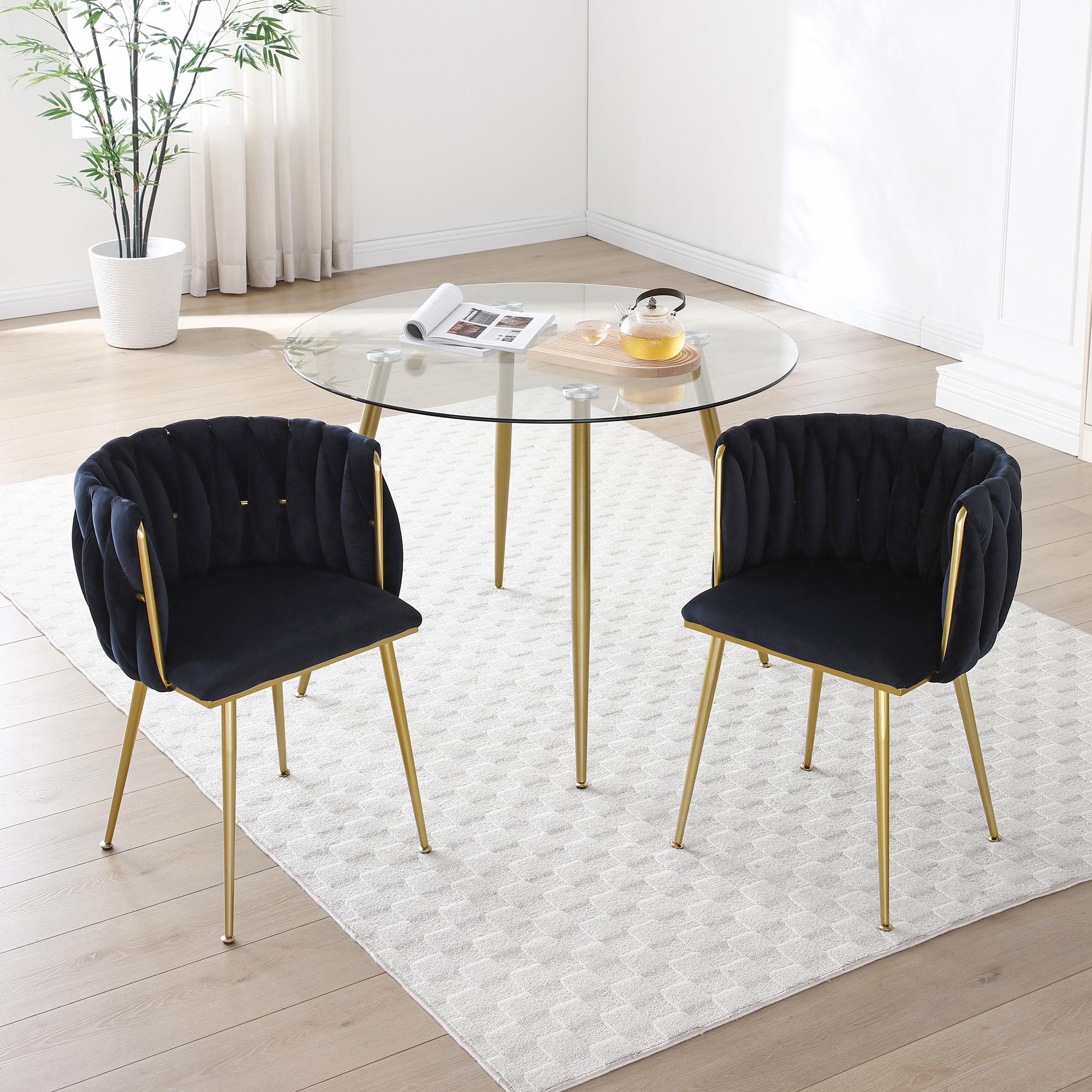 Eyisean 28" H Velvet Modern Dining Chairs Set of 2, Luxury Upholstered Side Chair with Curved Woven Backrest, Durable Accent Chair with Golden Metal Legs, Easy Assembly for Dining Room, Kitchen, Living Room