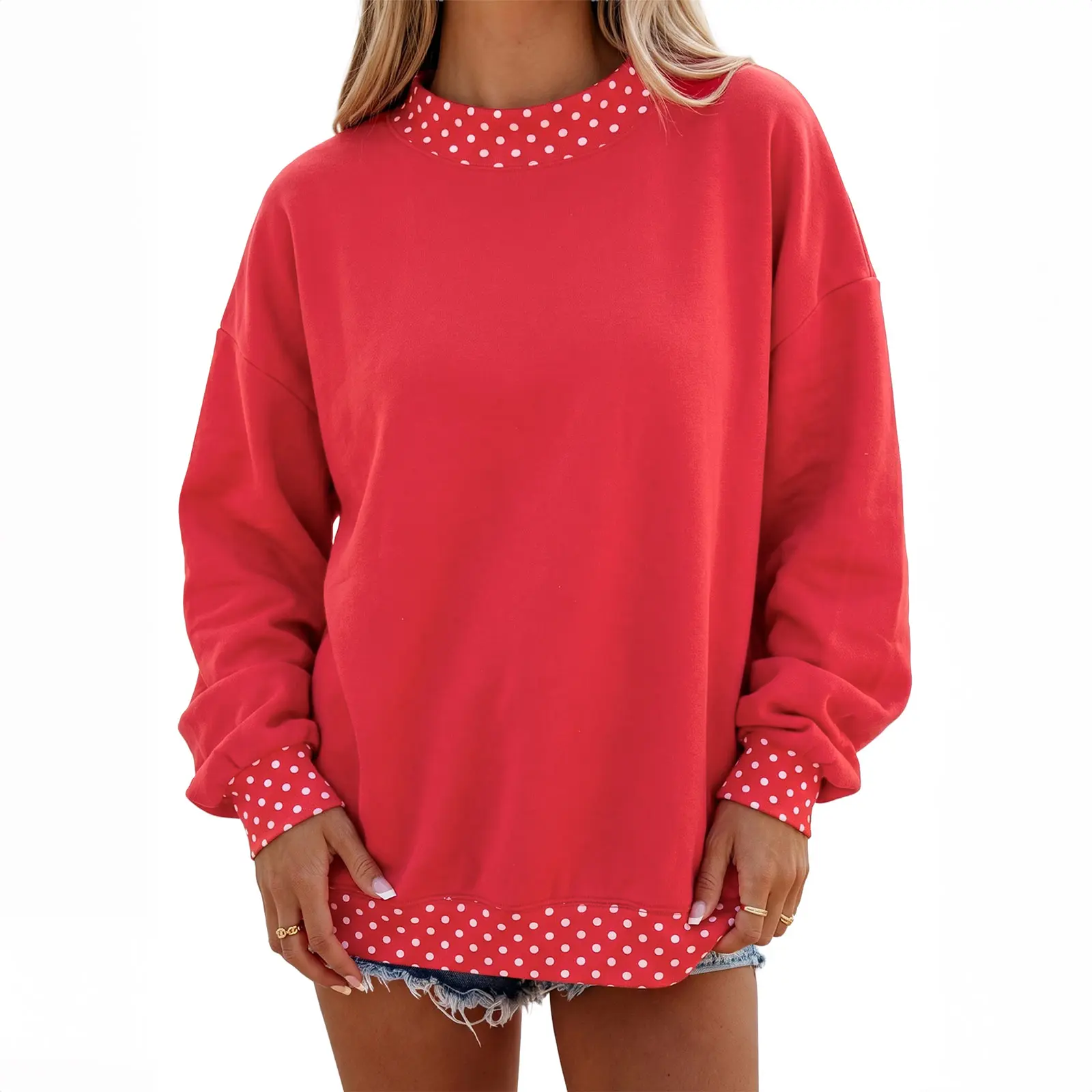 Mntaor Women's Game Day Oversized Cozy Chic Red Plaid Colorblock Christmas Outfit Pullover Sweatshirt - Crewneck with Contrast Gingham Trim, Ideal for Holiday Parties, Coffee Dates | Womenswear Tops