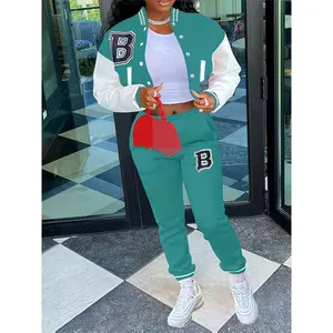 [Chic Baseball Set] Red and White Polyester Blend Women's Casual Letter Print Baseball Jacket and Pants Set |   Machine Washable, Fall/Winter Fashion Ensemble
