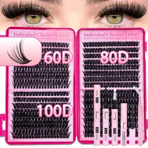 Large Capacity Natural Thick Lash Clusters Kit, Eyelash Extension Set, 60-200D Dense Fluffy False Lashes, Volume D Curl Eyelashes, Reusable Faux Mink Lash Extension, Individual Lashes Thick Cluster Lashes, Includes Bond&Seal Remover and Tweezers