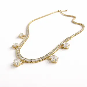 TEIKET Starlight Necklace Gold Tennis Chain with Baguette-Cut Crystals & Dangling Star Charms Hypoallergenic Jewelry for Casual & Formal Wear 18 Inches Non-Tarnish Water-Resistant