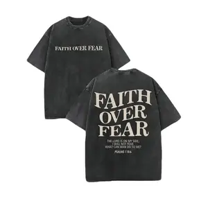 Men's 'FAITH OVER FEAR' Graphic T-Shirt, Retro Washed 230gsm Heavyweight Cotton, Oversized Fit Short Sleeve Streetwear, Tshirt, Shortsleeve
