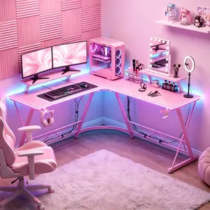 【Cute Desk!!!】Mr IRONSTONE Gaming Desk with Led Lights,Corner Computer Desk with Carbon Fiber Surface,L shaped desk, Home Office Desks Writing Workstation with Large Monitor Stand, Easy to Assemble 51 Inch