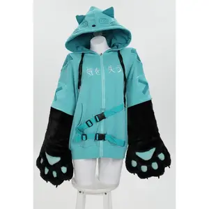 Micotaku Black Blue Dizzy Kitten Furry Paw Zip-up Hoodie