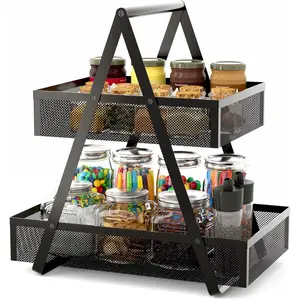 Tiered Snack Organizer Countertop - Metal Kitchen Counter Organizer Small Coffee Station Organize for Home, Picnic, Office (Black)