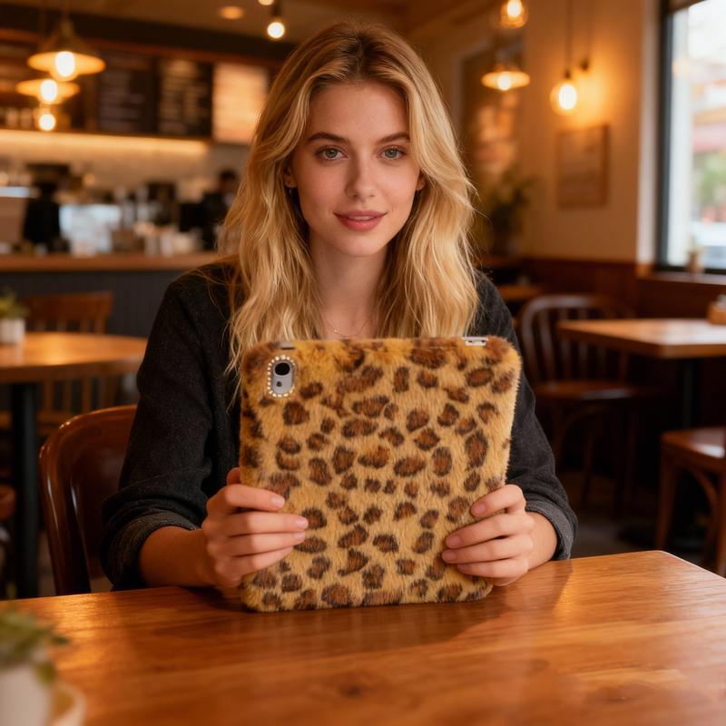 Pink Plush Leopard Print For IPad Case - Compatible With 10.9" For IPad 10th Gen (2022) & 11th Gen (2025), Also For IPad 7th/8th/9th Gen 10.2" -With Charging Stylus Slot Perfect Gift For Parties, Birthdays & Holidays, , Plush Ipad Case, Leopard Print