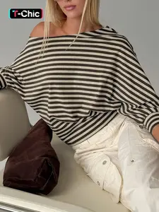 1 Spring Summer One Shoulder Striped Top Women | 3/4 Batwing Sleeve Loose Off Shoulder Blouse Casual Fashion Shirt | Casual Chic Old Money Style for Daily Vacation Travel Wear Elegant Casual Shirt