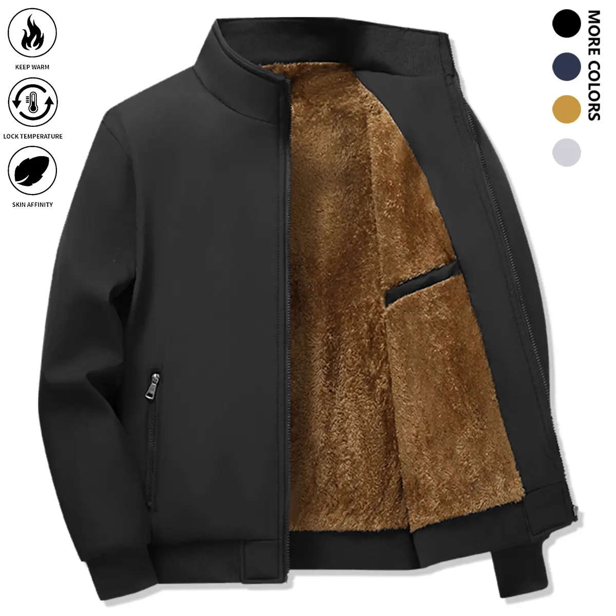 Men's Solid Color Zip Up Thermal Lined Fleece Jacket, Regular Fit Casual Long Sleeve Zip Front Outerwear for Fall & Winter, Men's Clothes for Daily Wear