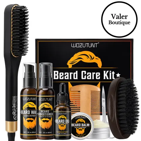 Heated Hair Straightening Brush for Men Beard Straightener Grooming Kit for Men, Beard Growth Kit, Wash, Brush & Comb, Growth Oil, Beard Balm, Conditioner, Scissors, Great Gift Idea for Men
