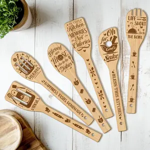 6PCS Wooden Kitchen Cooking Utensil Set, 11.9 Inch Non-Toxic Bamboo Spoon Set for Cooking, Stirring, Serving and Mixing, Housewarming, Birthday, Thanksgiving and Christmas Gift for Women and Mom