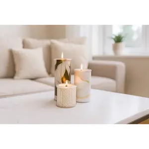 Wrap A Candle Warm Neutrals Candle Set | Reusable Candle Base with Interchangeable Neutral Wraps | Instantly Change Your Candle Look | Cozy Farmhouse Home Decor Candle | Printed Wrap Set for Stylish Everyday Candle Styling