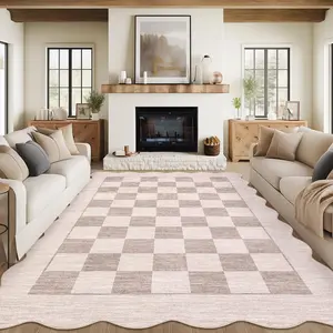 Garvee Large Scalloped Living Room Rug 9x12 - Modern Checkered Non-Slip Foldable Indoor Carpet with Soft Floor Cover and Irregular Geometric Design, Ideal for Bedroom, Dining Room, Nursery, Office in Beige