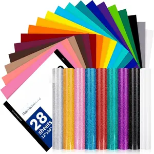 HTV Vinyl Bundle Heat Transfer Vinyl 12"x10" - 28  Colors Iron  Vinyl Pack Includes 19 Sheets PU Vinyl & 9 Sheets Glitter Vinyl, Heat Press Design for DIY T-Shirts and other Fabrics