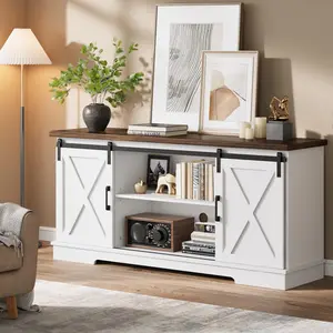 Farmhouse TV Stand for 65 Inch TVs - Entertainment Center with Sliding Barn Doors & Adjustable Shelf - Modern Media Console for Living Room,(White)
