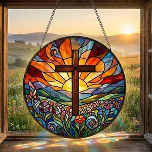 Christian Cross Stained Glass Suncatcher Window Hanging – Colorful Sunrise Cross Round Glass Panel with Floral Landscape, Religious Window Decor, Faith Sun Catcher Ornament, Christian Home Decor Gift ✝️🌅🌸✨