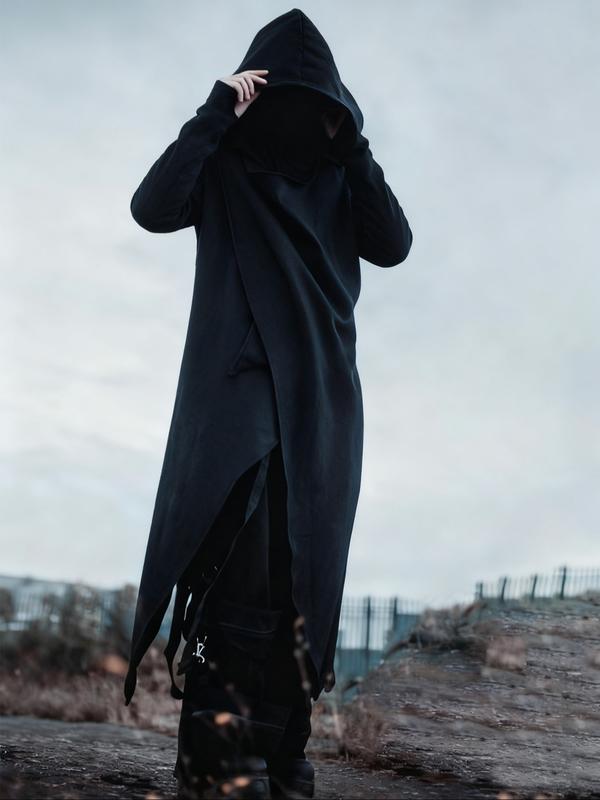 Men's Black Hooded Cyberpunk Maxi Coat – Asymmetric Design, Stylish Outerwear for Street Fashion & Cosplay